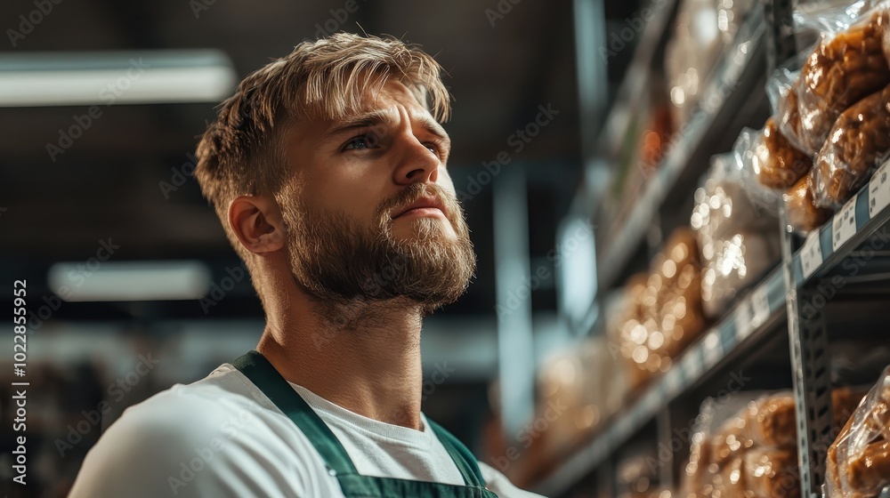 A shopper examines bakery items in grocery store amid warm lighting, depicting a scene of routine and attention to quality, with assorted breads visible. A shopper examines bakery items in grocery store amid warm lighting, depicting a scene of routine and attention to quality, with assorted breads visible.