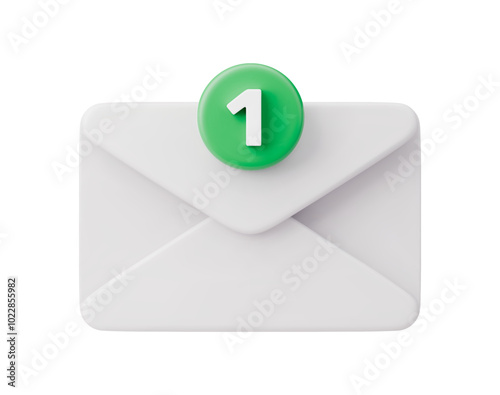 White envelope with number one icon. Render message notification with sing of new message. 3D realistic illustration of receiving letter, receiving letter isolated on a white background