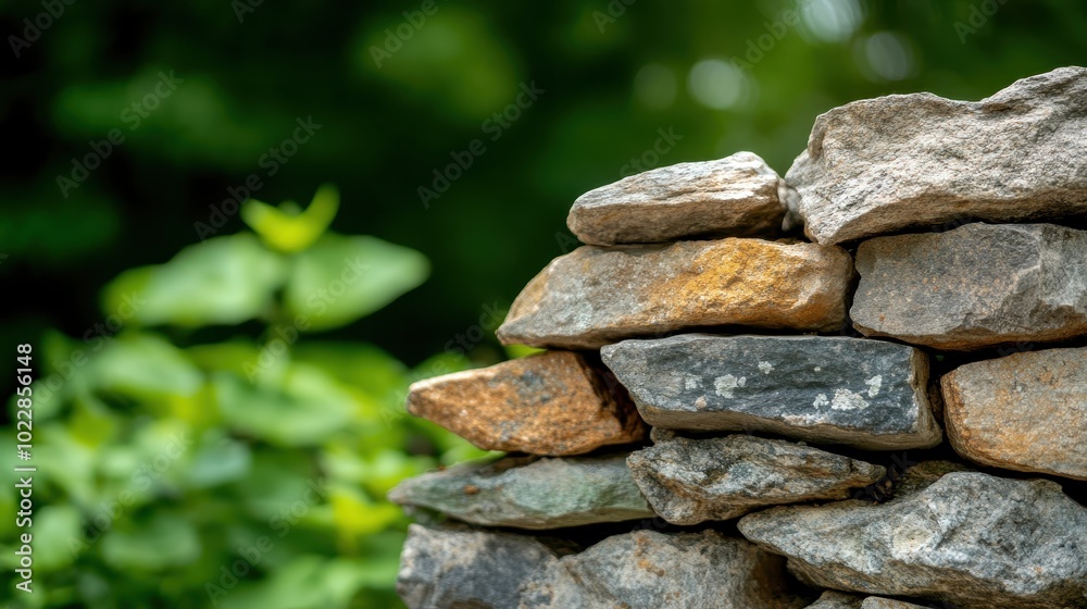 Roughly hewn stones stacked in a miniature wall are surrounded by vibrant greenery, indicating calmness, simplicity, and a harmonious connection with nature. Roughly hewn stones stacked in a miniature wall are surrounded by vibrant greenery, indicating calmness, simplicity, and a harmonious connection with nature.