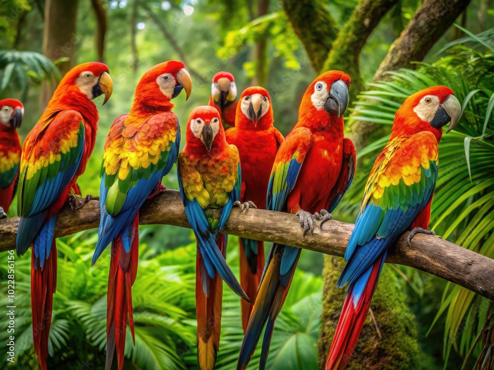 Vibrant Ara Ara Parrots Sitting on Branches in Lush Green Forest with Colorful Feathers Displayed Vibrant Ara Ara Parrots Sitting on Branches in Lush Green Forest with Colorful Feathers Displayed