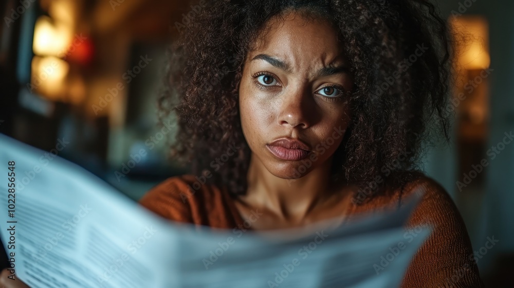 A focused woman deeply engrossed in a newspaper, showcasing concentration and contemplation, with an emphasis on information and awareness in a home setting. A focused woman deeply engrossed in a newspaper, showcasing concentration and contemplation, with an emphasis on information and awareness in a home setting.