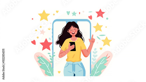 Joyful woman with smartphone and stars in vibrant digital illustration