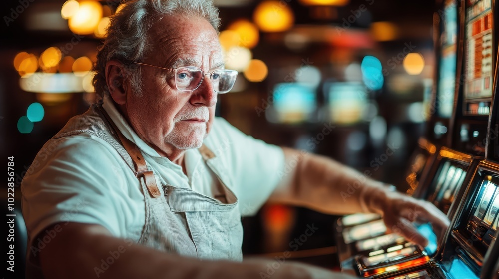 Elderly man immersed in concentration while interacting with a slot machine, bathed in warm, ambient light setting a focused and determined scene.