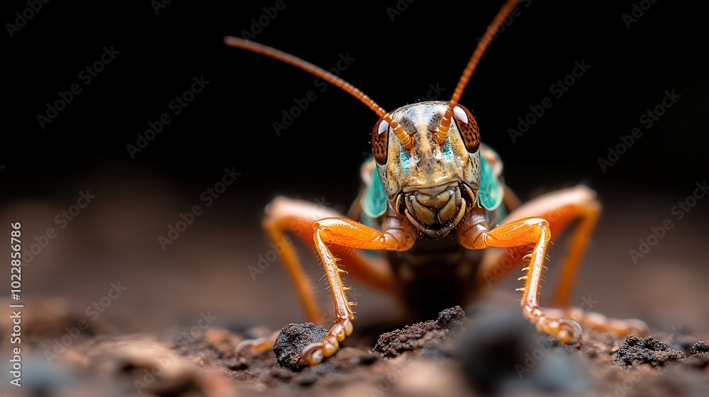 Front-focused shot of a grasshopper displaying vibrant colors and intricate detail, standing atop a natural surface amid a blurred, dark background. Front-focused shot of a grasshopper displaying vibrant colors and intricate detail, standing atop a natural surface amid a blurred, dark background.
