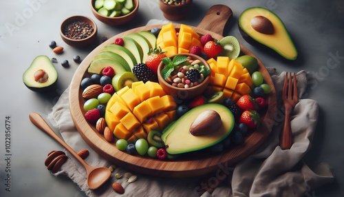 \nfresh, mango, avocado on a wooden platter photo