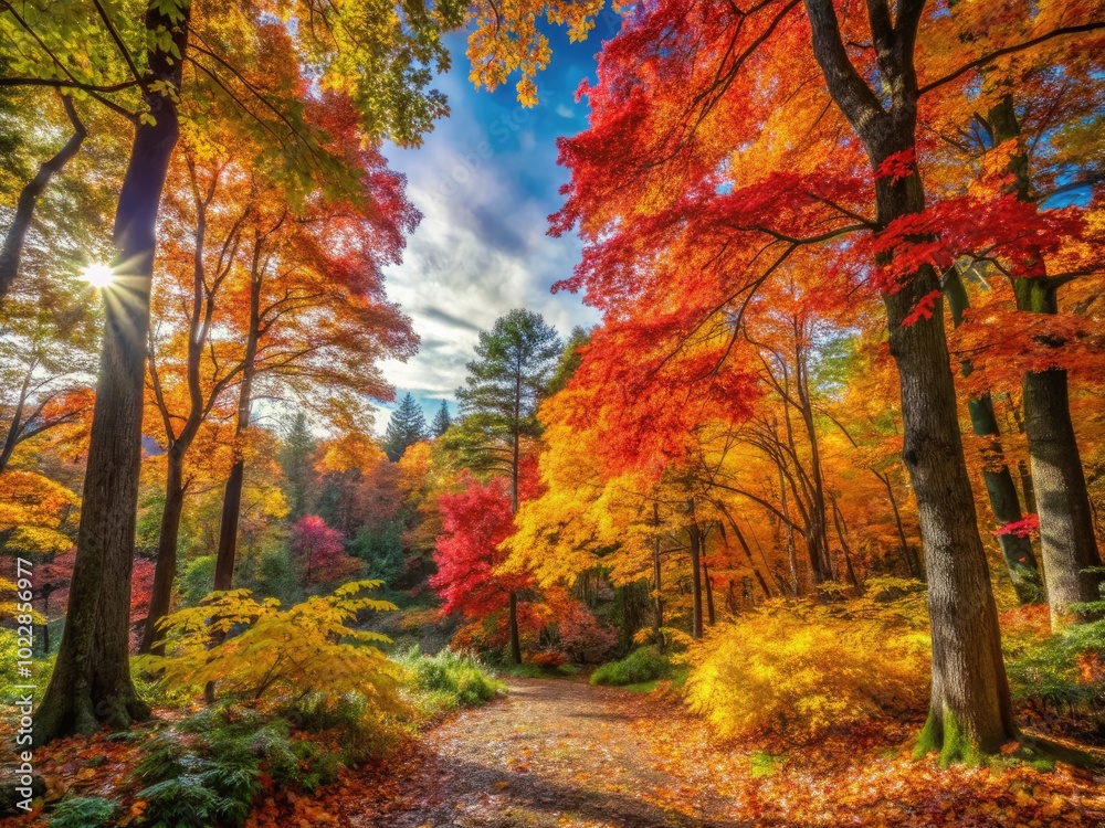 Fototapeta premium Vibrant autumn foliage in a serene forest setting showcasing nature's colorful seasonal transition