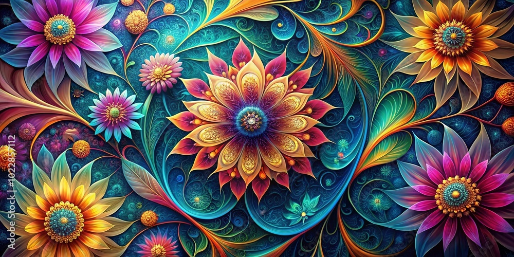 A vibrant tapestry of swirling petals and ornate vines, each bloom a burst of color against a rich blue background. A vibrant tapestry of swirling petals and ornate vines, each bloom a burst of color against a rich blue background.
