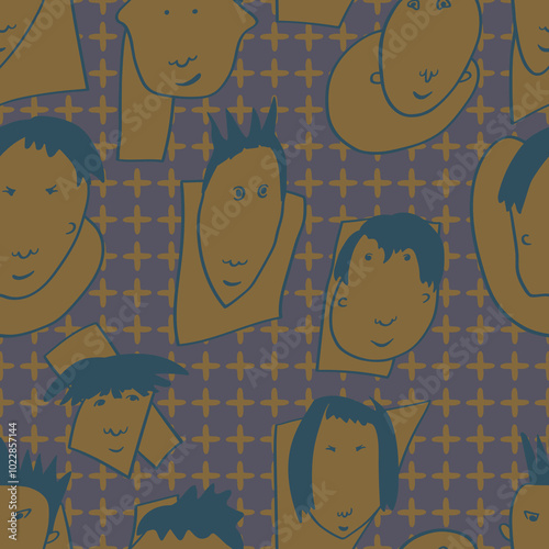 Seamless background with funny faces of anthropomorphic creatures. Humorous characters with different emotions