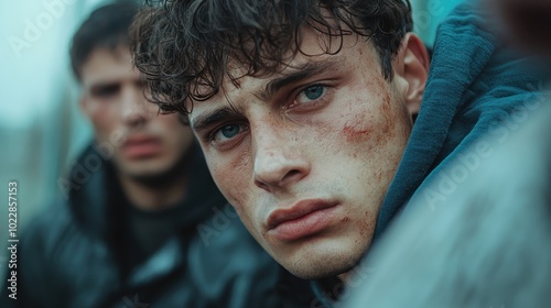 A young man with intense eyes and a rough exterior is portrayed in a challenging urban environment, embodying themes of endurance and steadfastness amidst adversity.