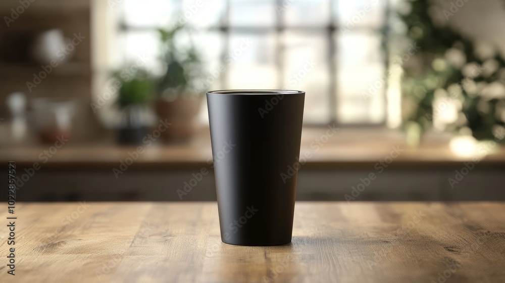 mockup black tumbler glass minimalist kitchen table background, Ai generated images mockup black tumbler glass minimalist kitchen table background, Ai generated images