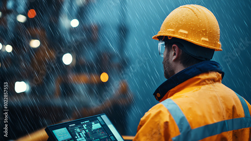 A worker in an orange raincoat and hard hat oversees operations in rainy weather, using a laptop for monitoring photo