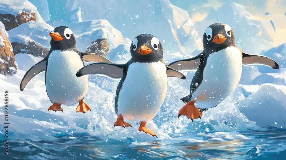 Three Penguins Jumping in the Water Three Penguins Jumping in the Water