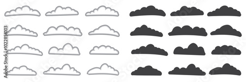 Cloud shapes set isolated on a blue background, Abstract white cloudy set isolated on blue background, Set of cartoon cloud in a flat design Modern icon or logo collection