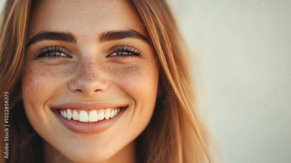 A young woman with long hair and freckles smiles brightly, showcasing her happiness and confidence against a neutral background. A young woman with long hair and freckles smiles brightly, showcasing her happiness and confidence against a neutral background.