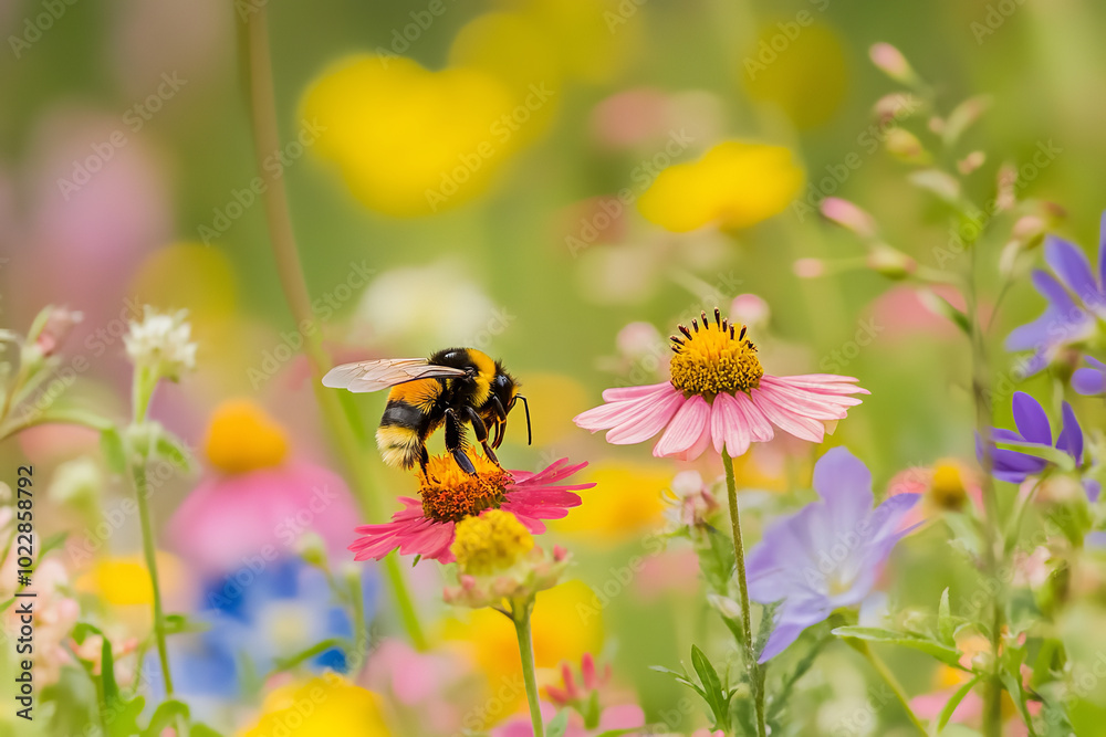 Bee Pollinating Amidst Wildflowers Highlighting Insect Biodiversity Bee Pollinating Amidst Wildflowers Highlighting Insect Biodiversity
