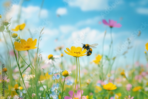 Bee Pollinating Amidst Wildflowers Highlighting Insect Biodiversity 