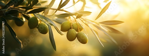 A close-up of green olives hanging from an olive tree branch, with leaves and branches in the background