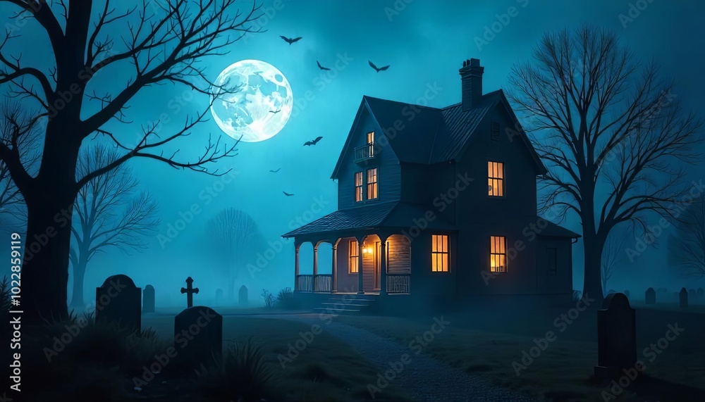 The scene showcases an eerie house with glowing windows, surrounded by a graveyard. A full moon casts a blue hue over the landscape, while bats flutter in the dark sky The scene showcases an eerie house with glowing windows, surrounded by a graveyard. A full moon casts a blue hue over the landscape, while bats flutter in the dark sky
