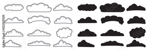 Cloud shapes set isolated on a blue background, Abstract white cloudy set isolated on blue background, Set of cartoon cloud in a flat design Modern icon or logo collection