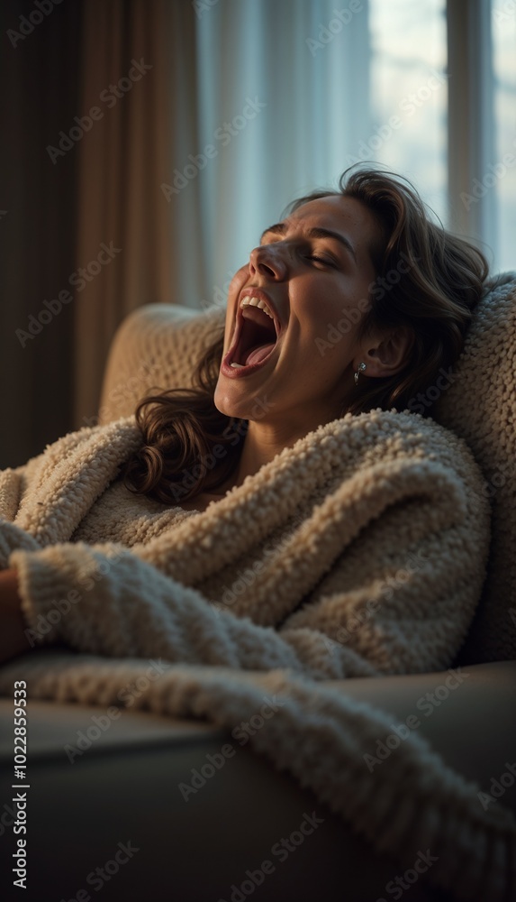 Photorealistic close-up of a woman yawning in cozy chair wrapped in blanket with soft winter light
Photorealistic close-up of a woman yawning in cozy chair wrapped in blanket with soft winter light
