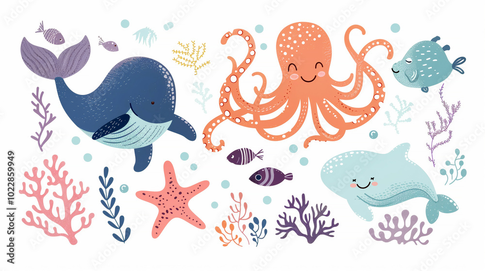 Fototapeta premium Playful marine life: colorful whales, octopus, fish, and coral in a vibrant underwater scene