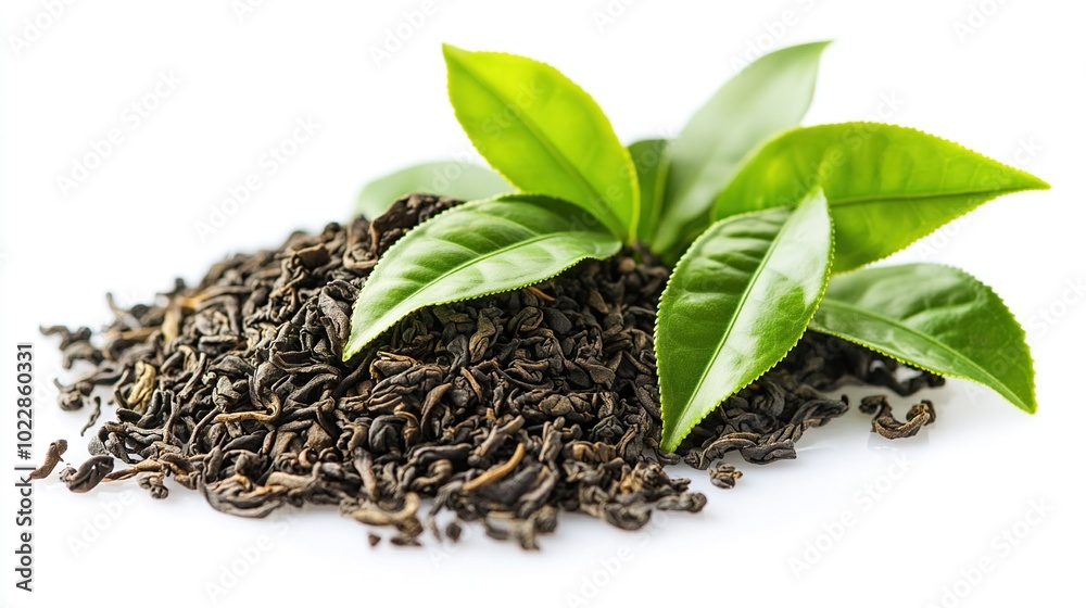 Green Tea Leaves and Dry Tea on White Background Green Tea Leaves and Dry Tea on White Background