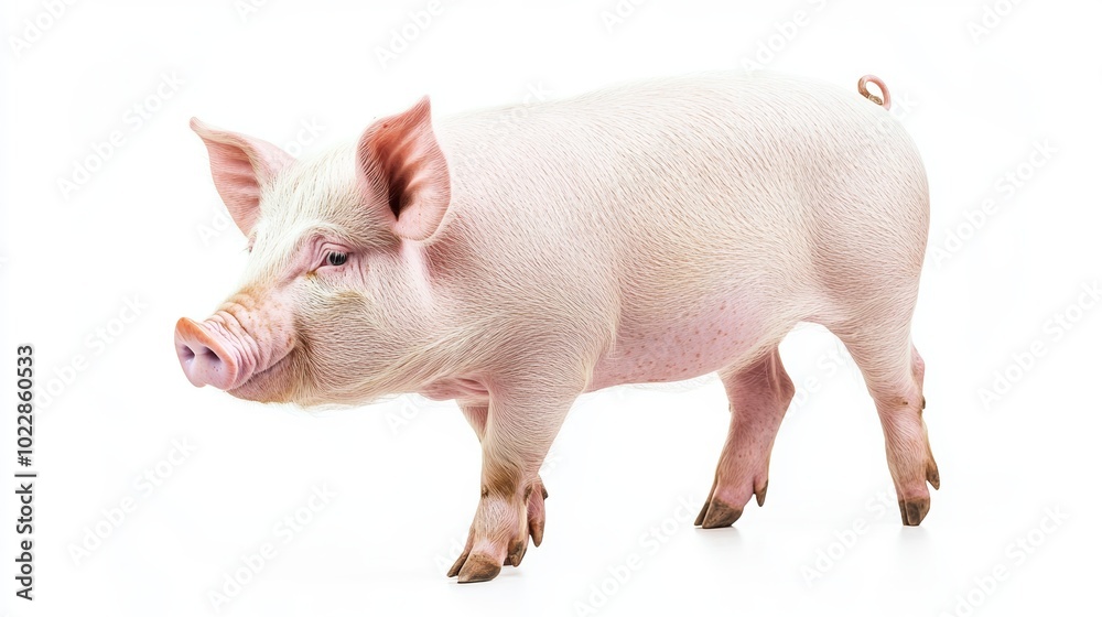 A pink piglet stands on a white background, looking to the left with its snout slightly raised. A pink piglet stands on a white background, looking to the left with its snout slightly raised.