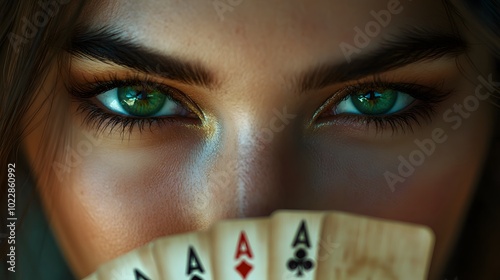 A woman with beautiful green eyes looks out from behind a fan of cards.