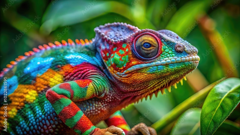 Obraz premium Vibrant Chameleon Displaying Colorful Skin Patterns in Natural Habitat Against Lush Green Background