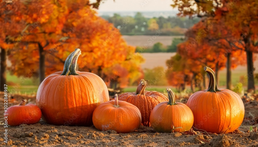 Vibrant Pumpkins Gathered in a Sunlit Field During Autumn Harvest Season Vibrant Pumpkins Gathered in a Sunlit Field During Autumn Harvest Season