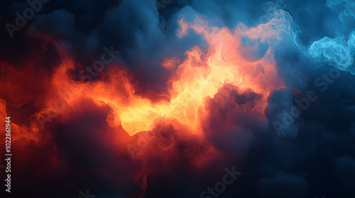 Abstract fiery background with dramatic red flames and smoke rising into a dark blue skyAbstract fiery background with dramatic red flames and smoke rising into a dark blue sky