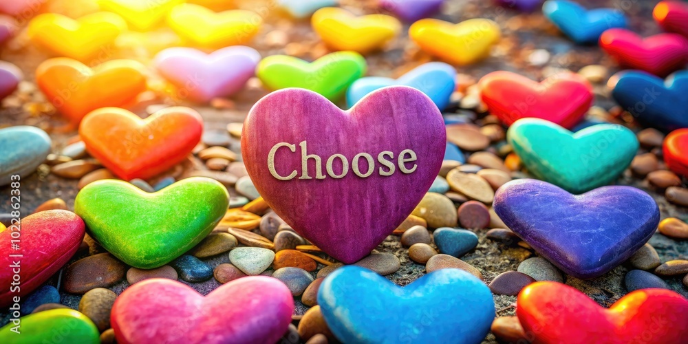 Fototapeta premium Vibrant Choose Love Concept with Colorful Hearts and Inspirational Message on a Bright Background