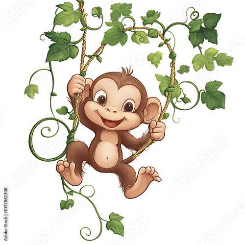 A playful cartoon monkey swinging from a branch on a white background. photo