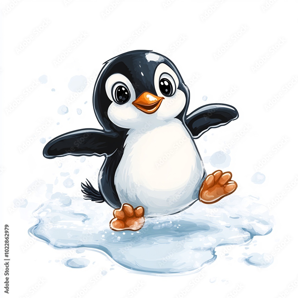 Fototapeta premium A playful cartoon penguin sliding on ice, on a white background