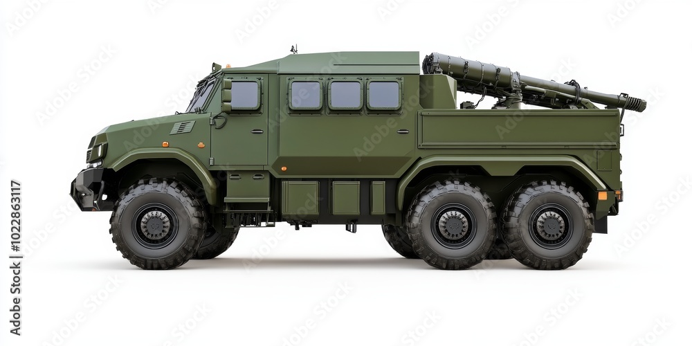 A Highly Detailed and Realistic Photograph of an Advanced Military Armored Vehicle with Large Wheels, a Green Paint Color, and a Modern Weapons System Against a White Background A Highly Detailed and Realistic Photograph of an Advanced Military Armored Vehicle with Large Wheels, a Green Paint Color, and a Modern Weapons System Against a White Background