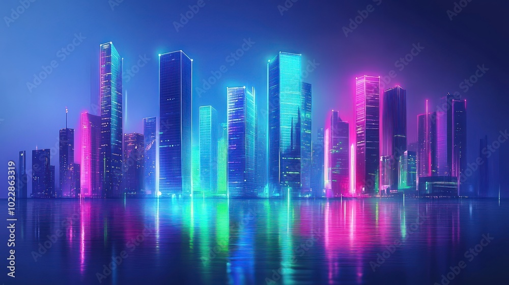 A vibrant city skyline illuminated with neon lights reflecting on water. A vibrant city skyline illuminated with neon lights reflecting on water.