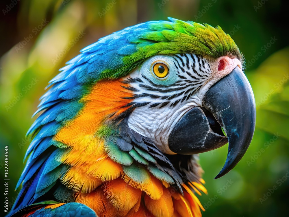 Vibrant Close-Up of a Macaw's Colorful Face Showcasing Bright Feathers and Intricate Details Vibrant Close-Up of a Macaw's Colorful Face Showcasing Bright Feathers and Intricate Details
