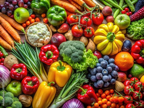 Vibrant Close-Up of Fresh Fruits and Vegetables Showcasing Nature's Bounty and Healthy Living