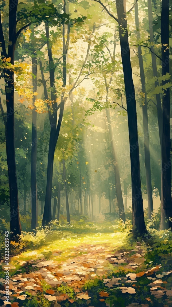 Fototapeta premium Tranquil Forest Scene with Sunlight Filtering Through Trees