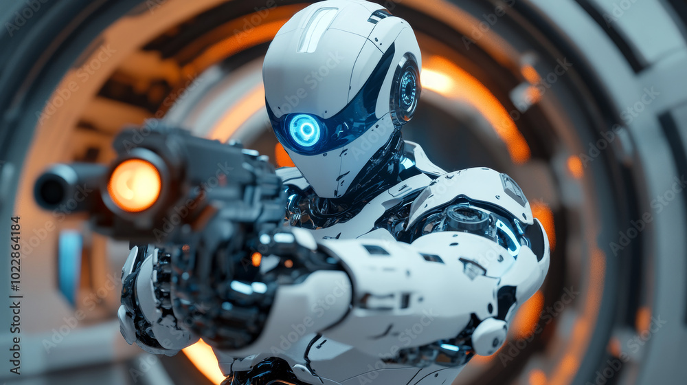 A vibrant 3D render of a futuristic cartoon-style battle robot, designed with a sleek white and blue armor that combines a playful aesthetic with high-tech features. The robot stands confidently, A vibrant 3D render of a futuristic cartoon-style battle robot, designed with a sleek white and blue armor that combines a playful aesthetic with high-tech features. The robot stands confidently,