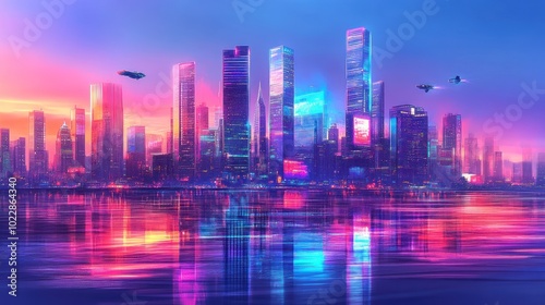 A vibrant futuristic cityscape at dusk, reflecting colorful lights on water.