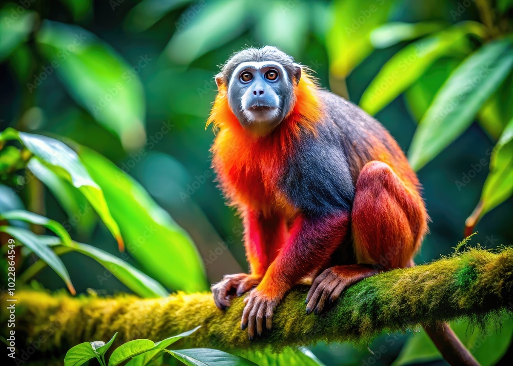 Vibrant Colobinae Monkey Sitting on a Branch in Lush Green Rainforest Habitat Vibrant Colobinae Monkey Sitting on a Branch in Lush Green Rainforest Habitat