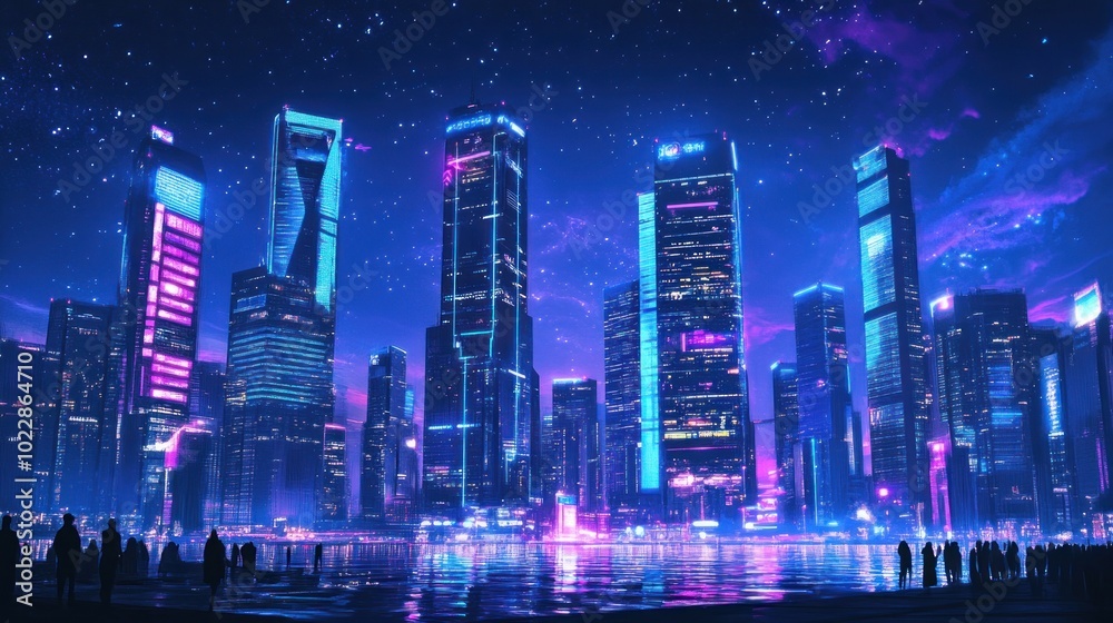 Obraz premium A vibrant futuristic cityscape illuminated by neon lights under a starry sky.