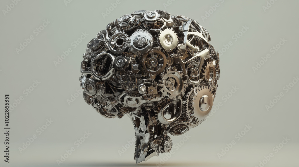 A captivating 3D render illustration depicting a human brain constructed entirely from an array of intricate mechanical parts. A captivating 3D render illustration depicting a human brain constructed entirely from an array of intricate mechanical parts.