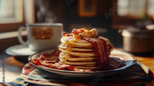 Stack of Pancakes with Bacon, Maple Syrup, and Peanut Butter photo