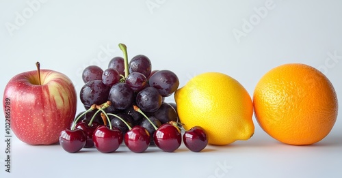 A red apple, grapes, cherries, a lemon, and an orange arranged in a row against a white background.