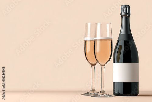 Bottle of champagne with two full champagne flutes against a light beige background