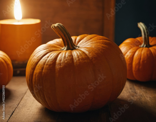 Una zucca arancione solitaria che brilla sotto la luce autunnale.
 photo