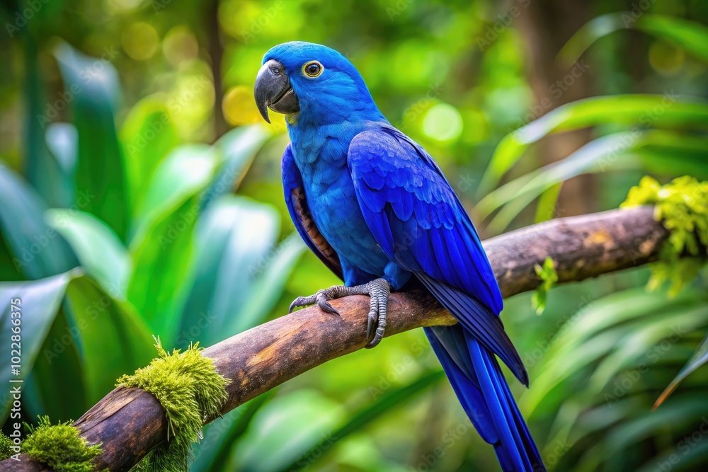 Fototapeta premium Vibrant Dark Blue Parakeet Perched Gracefully on a Branch in Natural Habitat of Tropical Forest