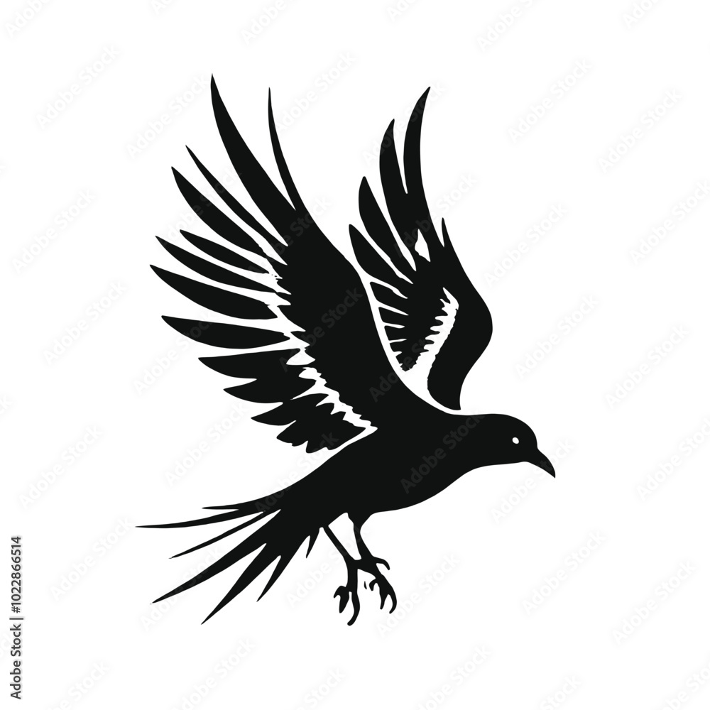Fototapeta premium A black and white silhouette of a flying bird with outstretched wings 
